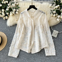 Vintage Elegant Embroidery Long Sleeve Blouse Fashion Single Breasted sweet Shirt Casual Chic Top Fairy Summer Women
