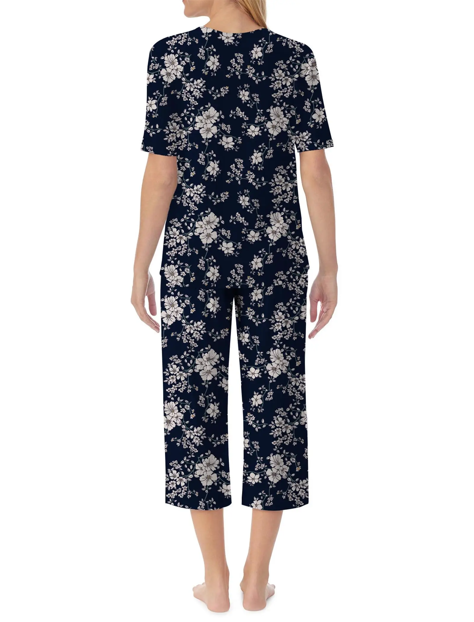 QCIV Ensembles de pyjama pour femme avec col en V, haut à manches courtes et pantalon capri avec poches, ensemble de vêtements de nuit deux pièces