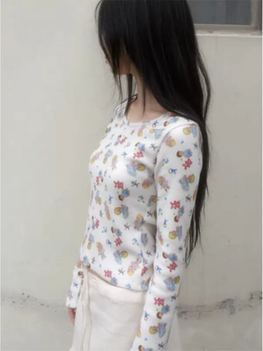 2026 Autumn New Style Thickened Long Sleeve T-Shirt Graffiti Print Fluffy Base Shirt Cute Japanese Cartoon for Young Girls