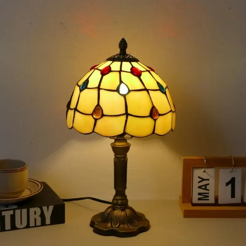 Baroque Table Lamp Color Glass Lamp Shade Resin Base Retro Mediterranean Style Table Lamp Bedroom Dining Room Art Desk Light