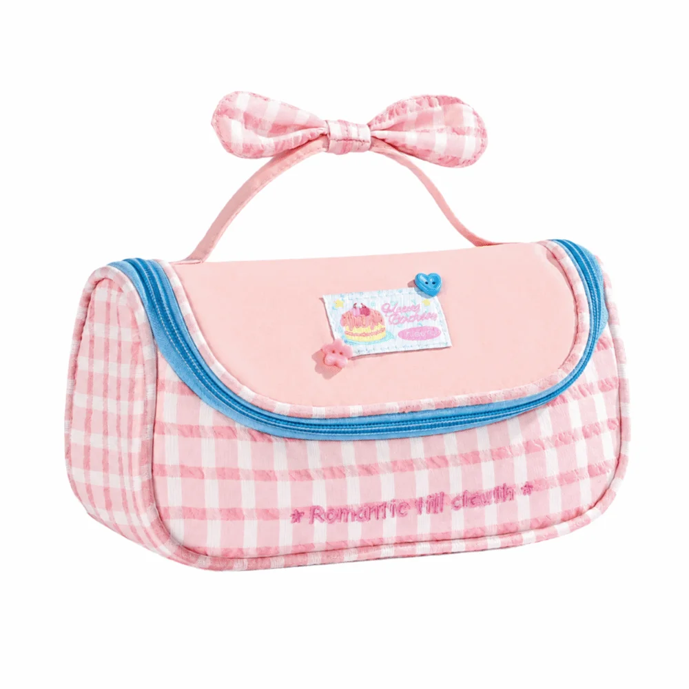 Multi-Functional Gingham Print Pencil Case Bow Handle Multi-Layer Stationery Bag Large Capacity Stationery Pouch School Supplies