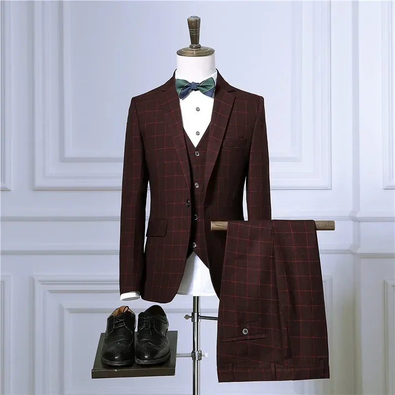 New Arrival Plaid Men Suits 3 Piece Luxury Notch Lapel Single Button Suit Slim Fit Casual Business Wedding (Blazer+Vest+Pants)
