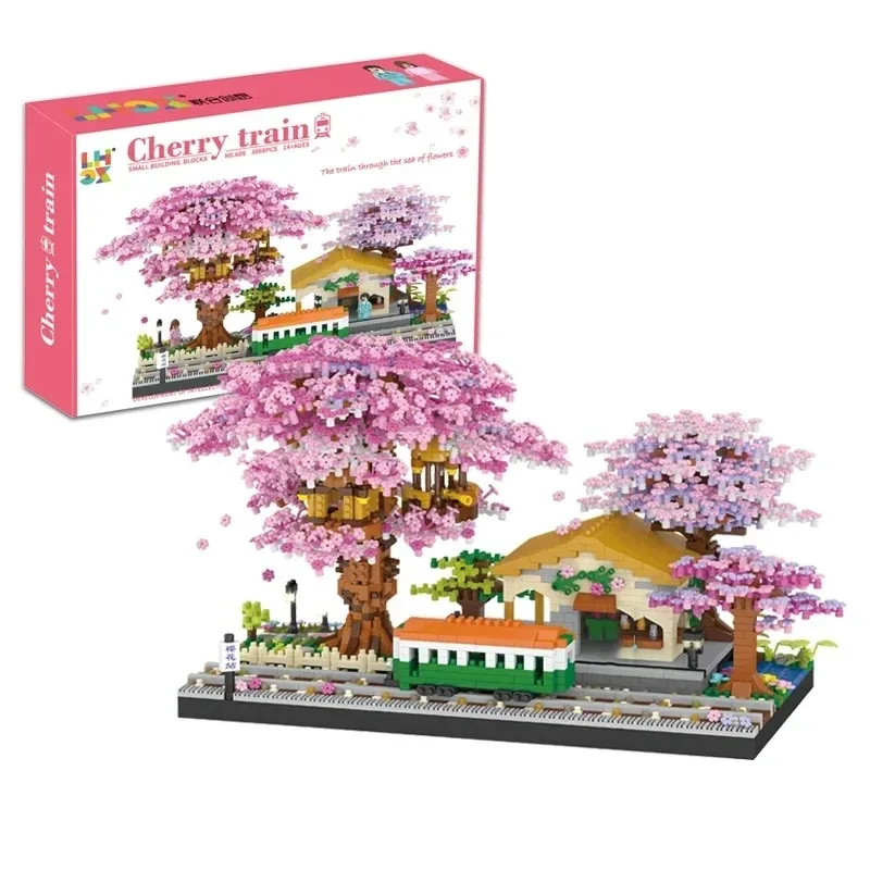 3668PCS Creative Japan Sakura Train City Street View Building Blocks Assemble Mini Brick House Tree Toys Gift For Children Kids