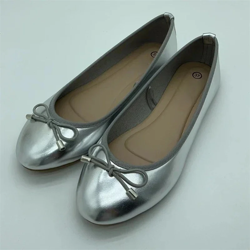 Aneikeh Fashion 2025 Spring Summer New Round Toe Flat Ballet Shoes Butterfly Bow Comfortable Soft Loafers Silver Shoe Slip-On