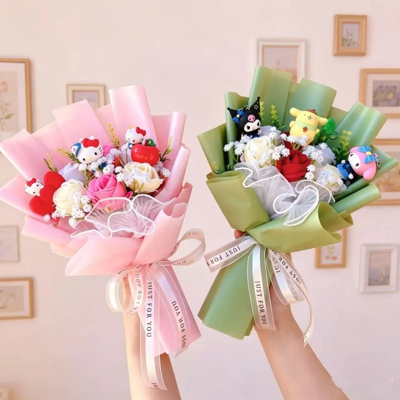 Genuine Sanrio Characters Hello Kitty Kulomi Melody With Artificial Flower Creative Bouquet Christmas Valentine Birthday Gifts