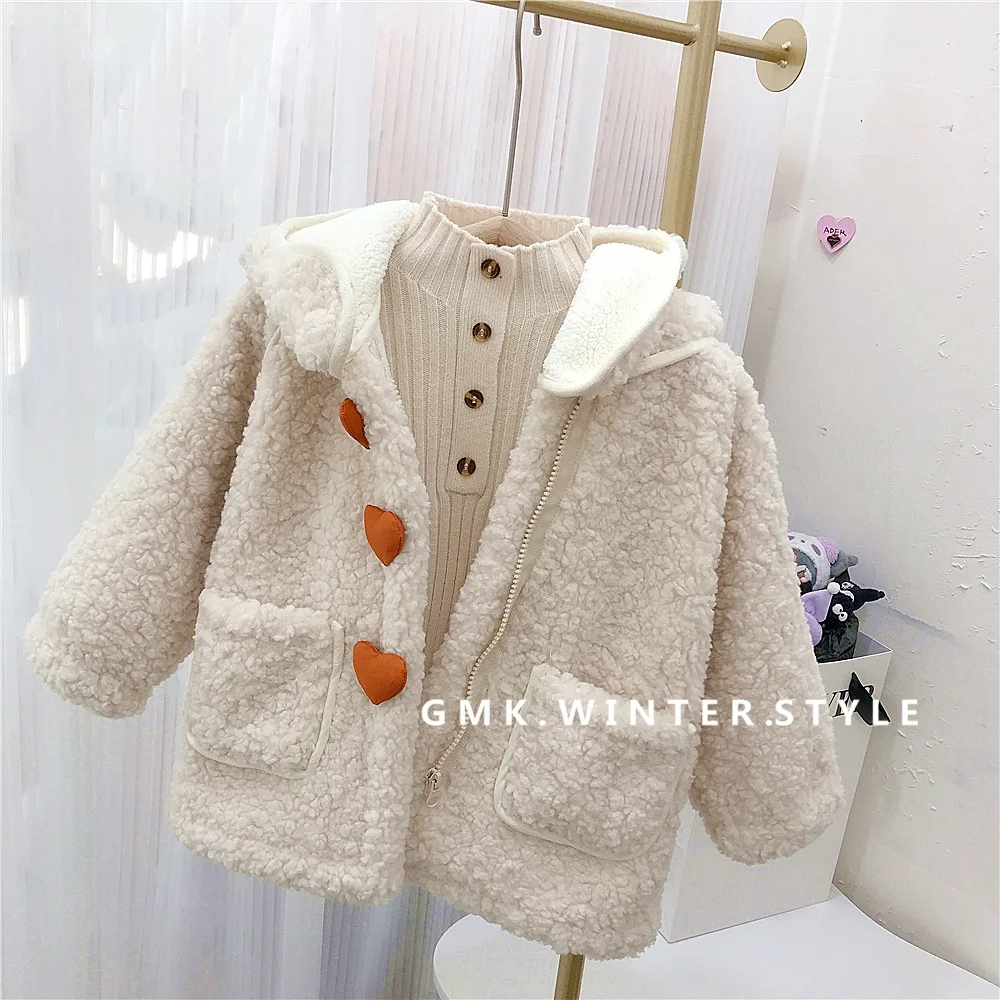 Girls Hooded Lamb Fur Coat Love Coat Autumn and Winter New Children Plush Thicken Stylish Baby Coat for Girls