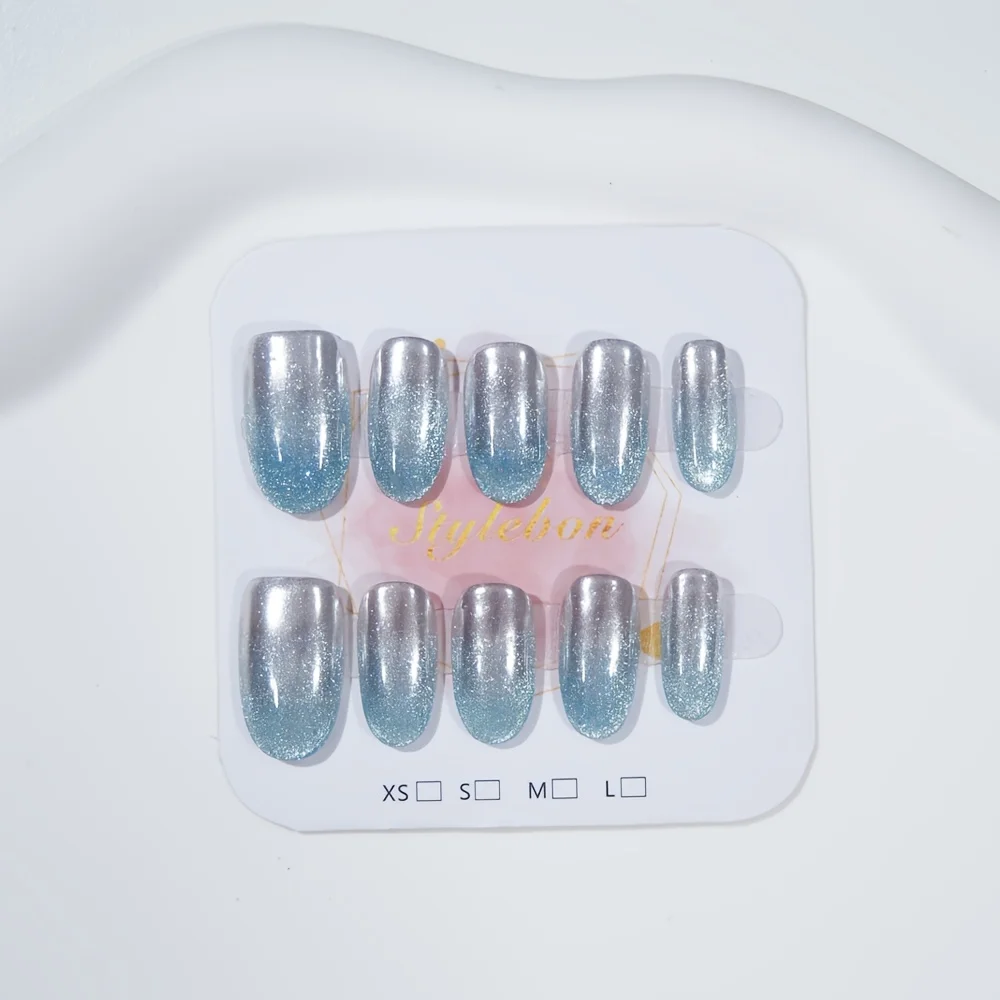 

10Pcs Handmade Press on Nail Crushed Ice Blue Gradient Cat's Eye Full Coverage Nail Tips for Women&Girl Detachable Wearable Nail