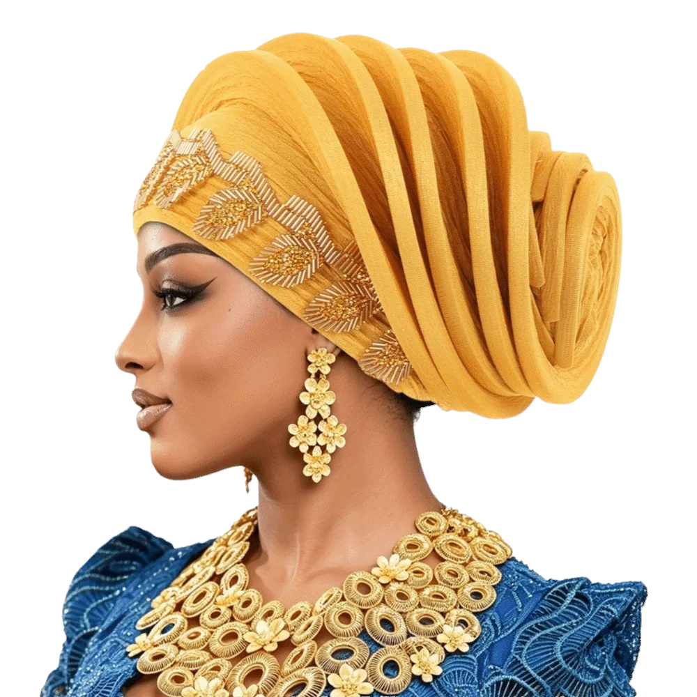 Vintage Shiny African Gele Headwrap Leaf Polyester Yoruba Turban Hat Gold Embellished Pre-tied Traditional Headpiece Women
