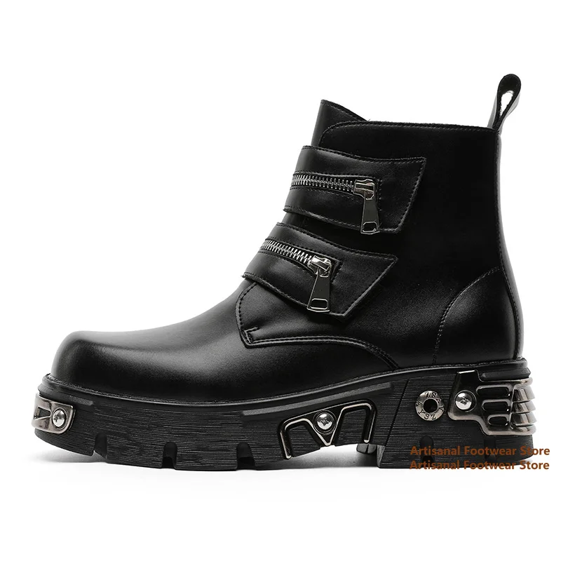 Multi Zipper Straps Metal Decor Punk Motorcycle Boots Gothic Platform Ankle Boots for Men ﻿Trendy Luxury Handmade Men's Boots