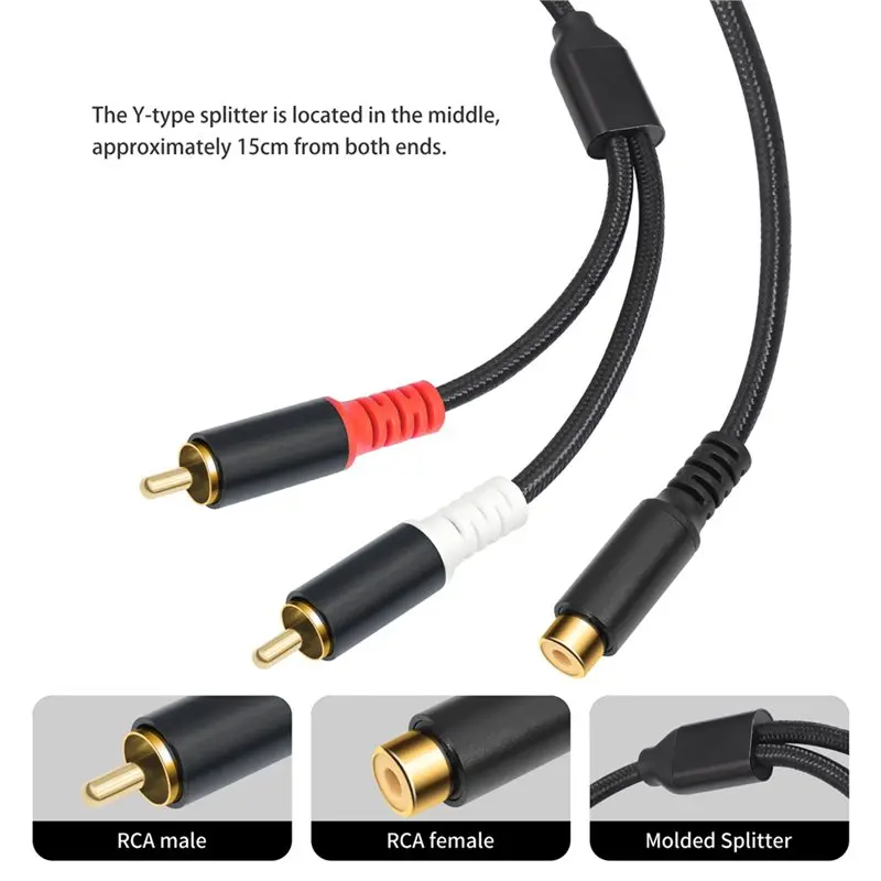 B76B RCA Audio Cable 30cm Gold Plating 1-To-2 Jack Y Splitter Adapter Extension Cord for Subwoofer Amplifier Speaker