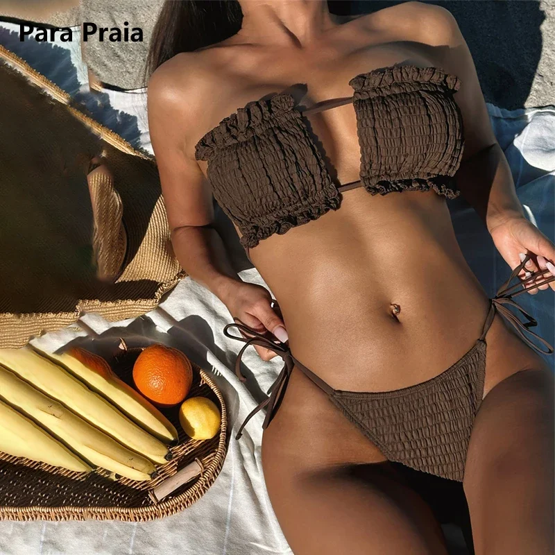 

Para Praia Sexy Pleated Bandeau Bikini Set Thong Women Swimwear 2025 Brazilian Swimsuit Female Bandage Bathing Suit