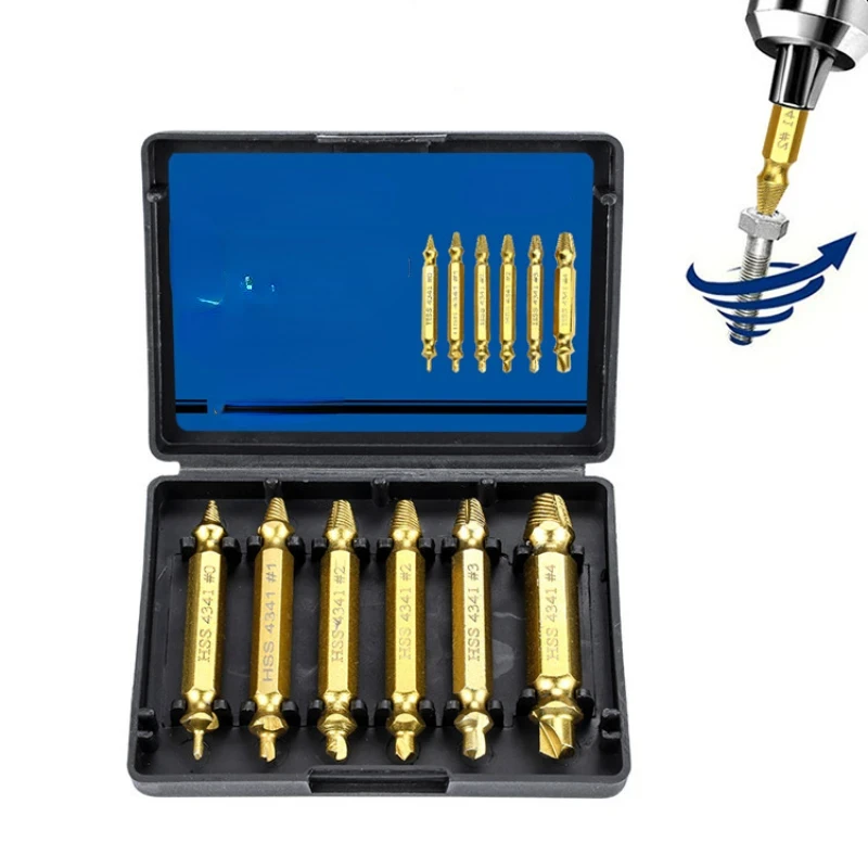 6 PCS High Carbon Steel Titanium Coated Easy Out Screw Broken Bolt Extractor Set