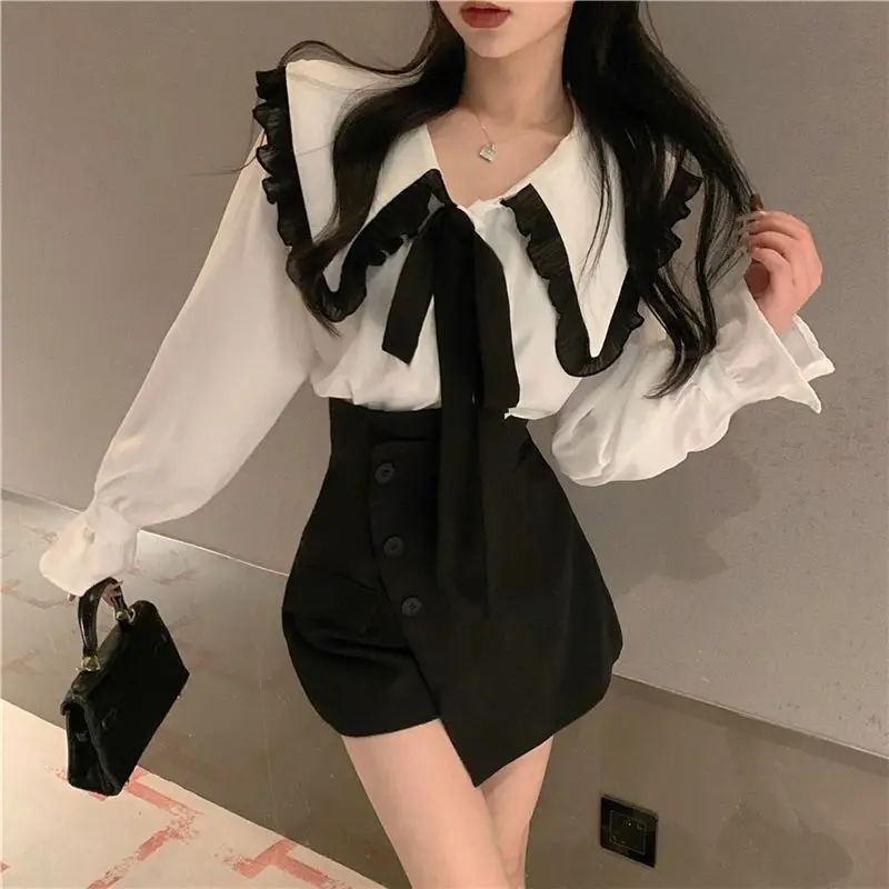 

2023 Women Spring Autumn Fashion Contrast Color Loose Shirts Female Bow Ruffled Blouses Ladies Long Sleeve Casual Shirts U167