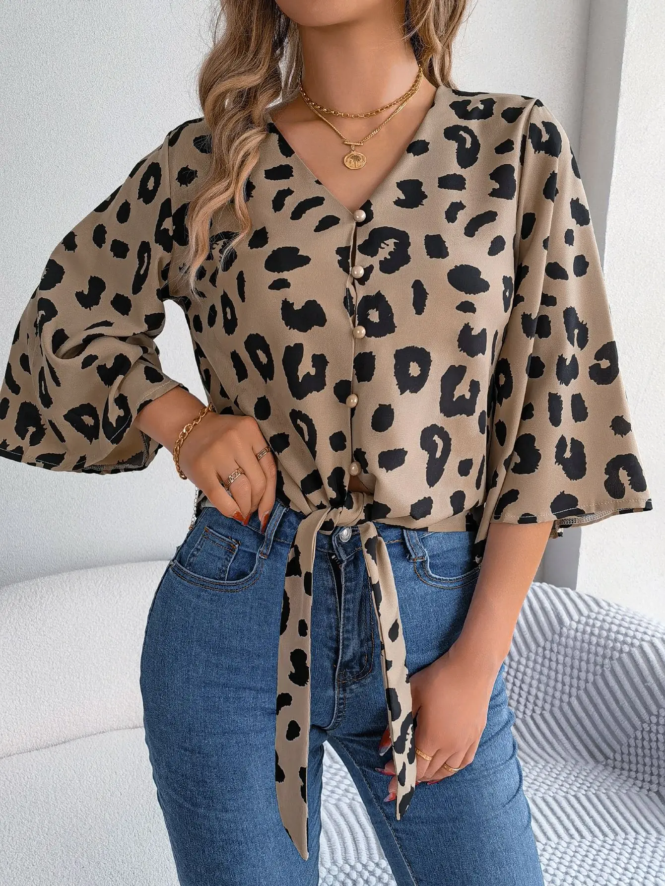 Spring Summer Casual Leopard Print Middle Sleeve Tie Bow Top Women Button Shirt