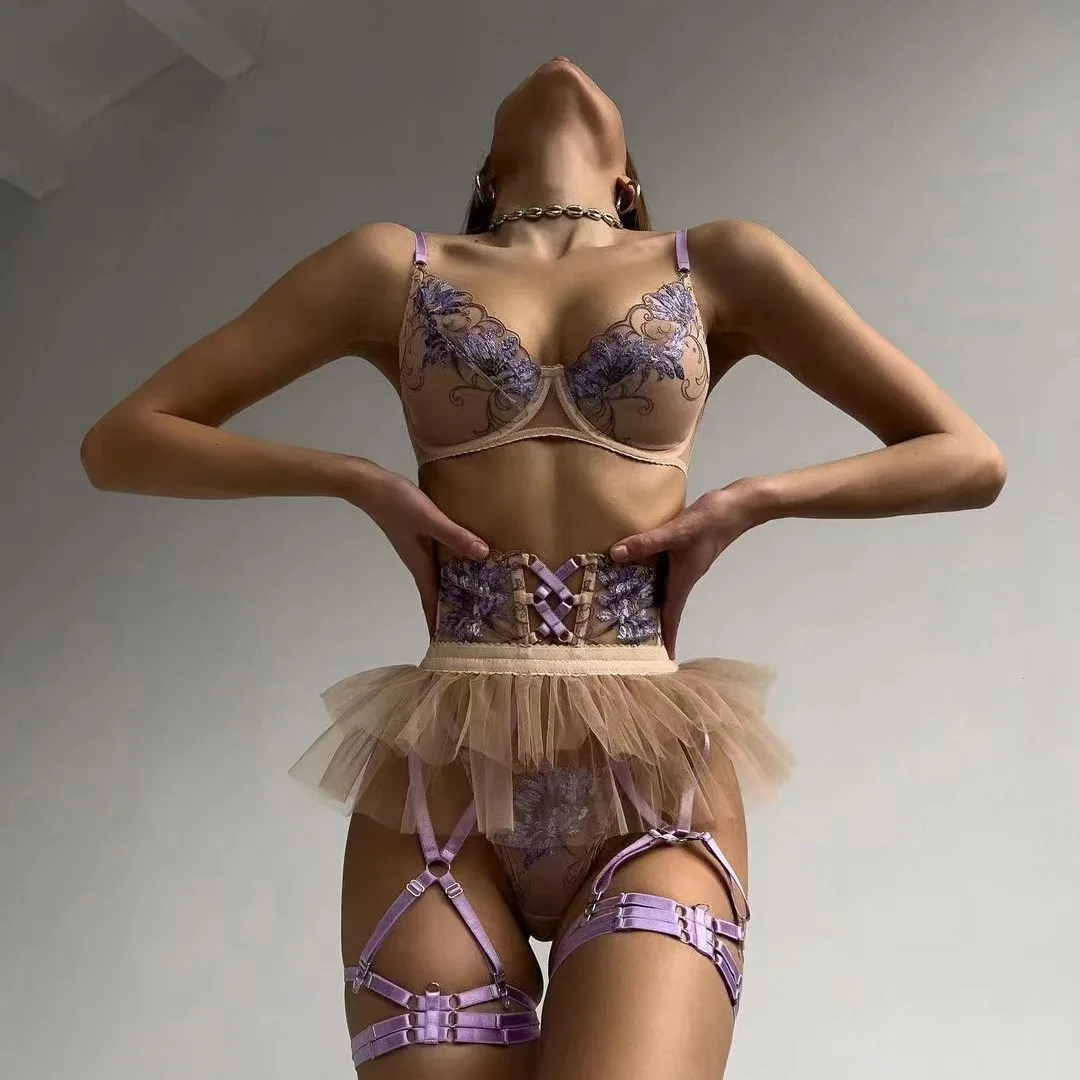 

Floral Lingerie Set 4PC Sheer PushUp Bra Garter Belt Thong for Women‌ (Mini Skirt Trim)