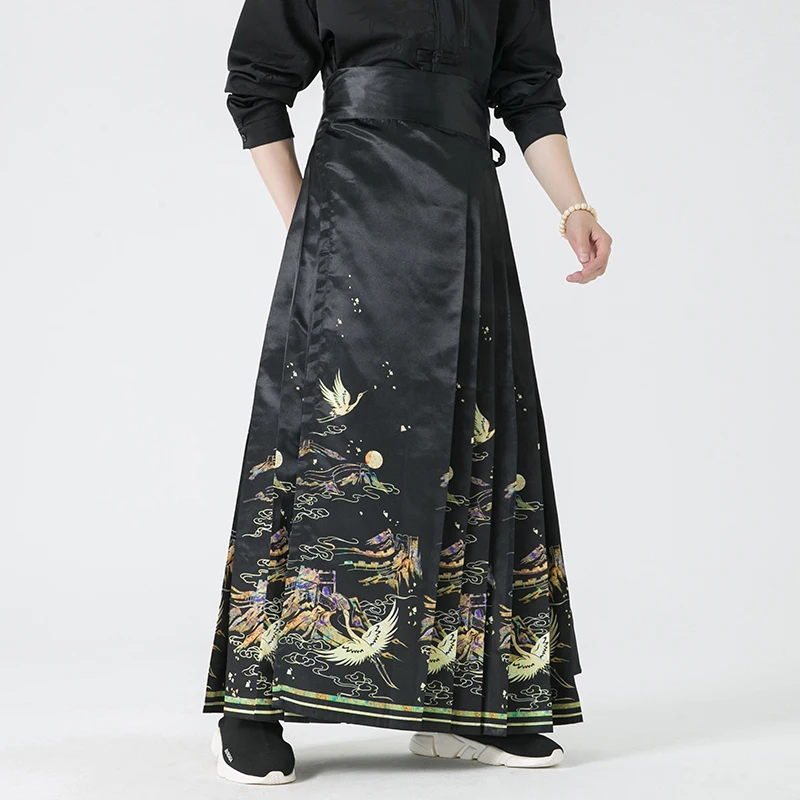 Hanfu Men Skirt Pants Baggy Wide leg Pants Male Chinese Style Casual Jogging Pants Woman Skirt Crane Printed Costumes