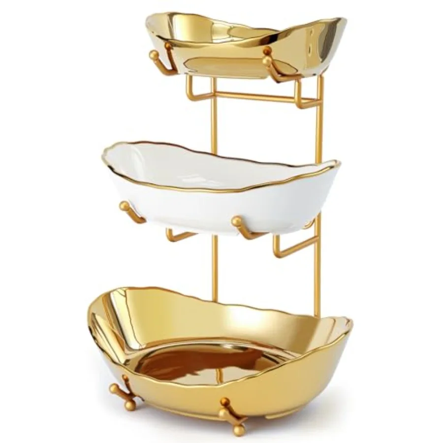 

Керамическая фруктовница для кухонной столешницы - 3-ярусная корзина для фруктов с металлической подставкой, многоуровневая подставка для фруктов на столешницу для закусок, орехов, тортов