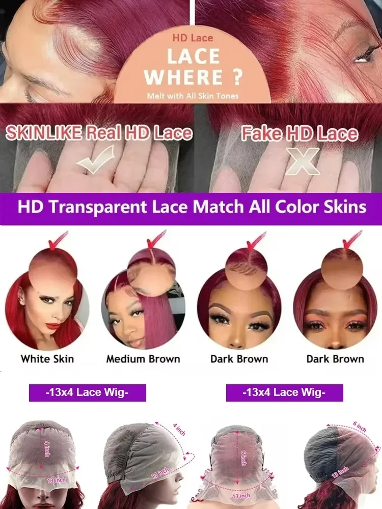 วิกผมหน้าผากลูกไม้ HD ขนาด 30 36 นิ้ว ความหนาแน่น 250% 13x4 ผมแท้สีแดงลอนน้ำ 99J สีเบอร์กันดี วิกผมบราซิลแบบไม่ต้องใช้กาว