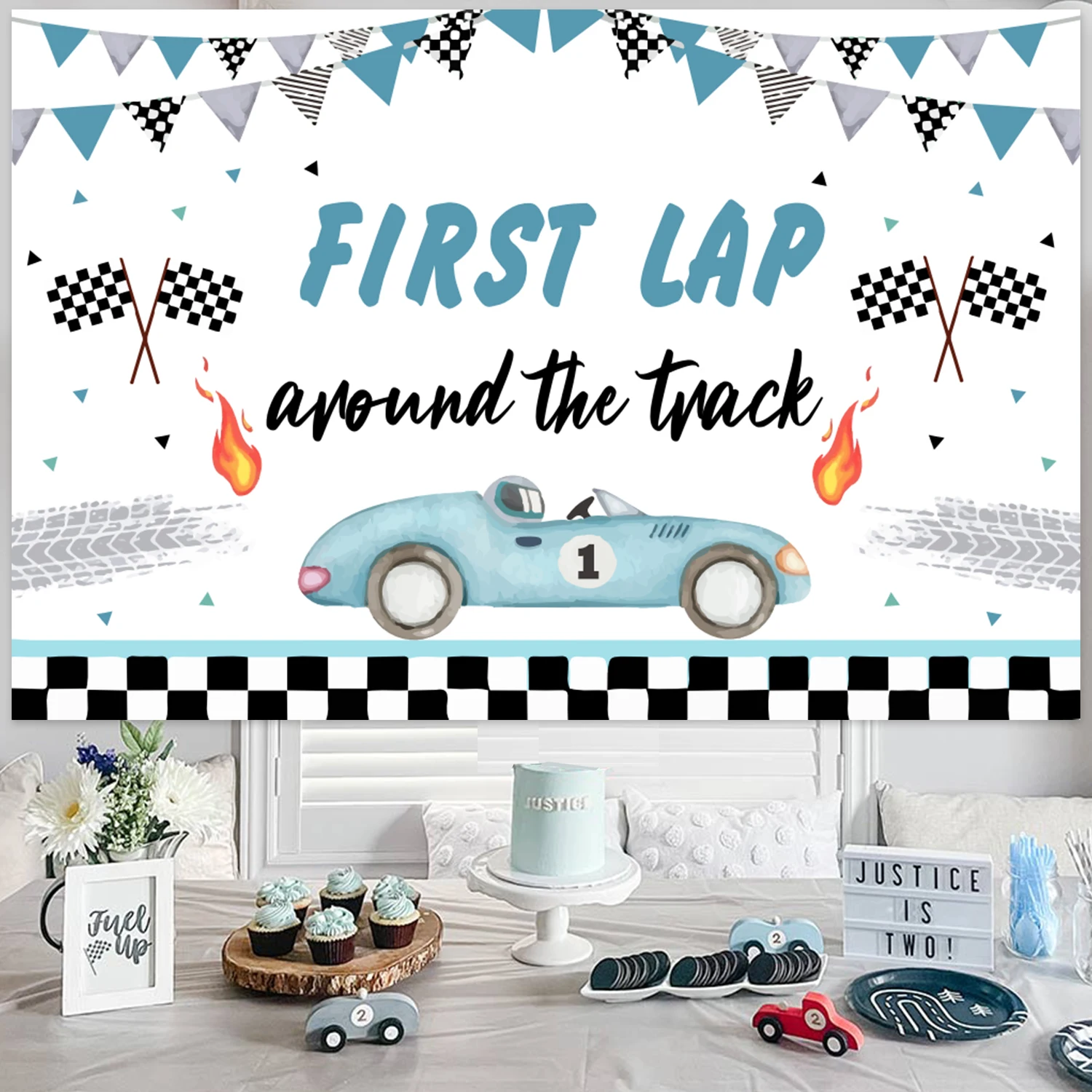 Racing Themed Party Backdrop,Racing First Lap Around The Track Background for Boys 1st Birthday Party Supplies