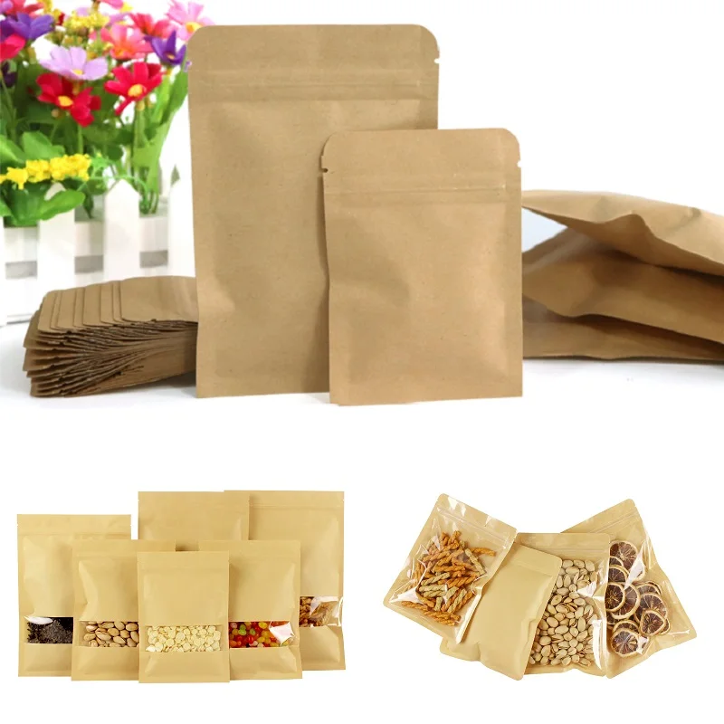 

Kraft Paper Flat Bottom Pocket for Dried Food, Nuts, Candy Packaging, Party Gift Bags, Repeat Closure Top, 100Pcs