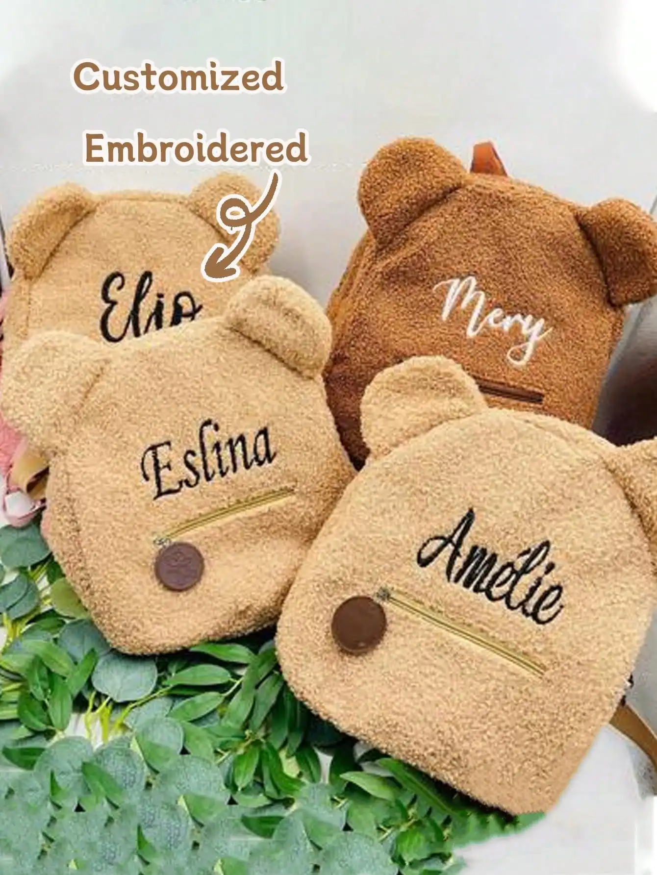 Cute Customized Embroidered Name Plush Bear Backpack Fluffy Sherpa Mini School Bag for DIY Girls Kids Children Travel Gift Bag