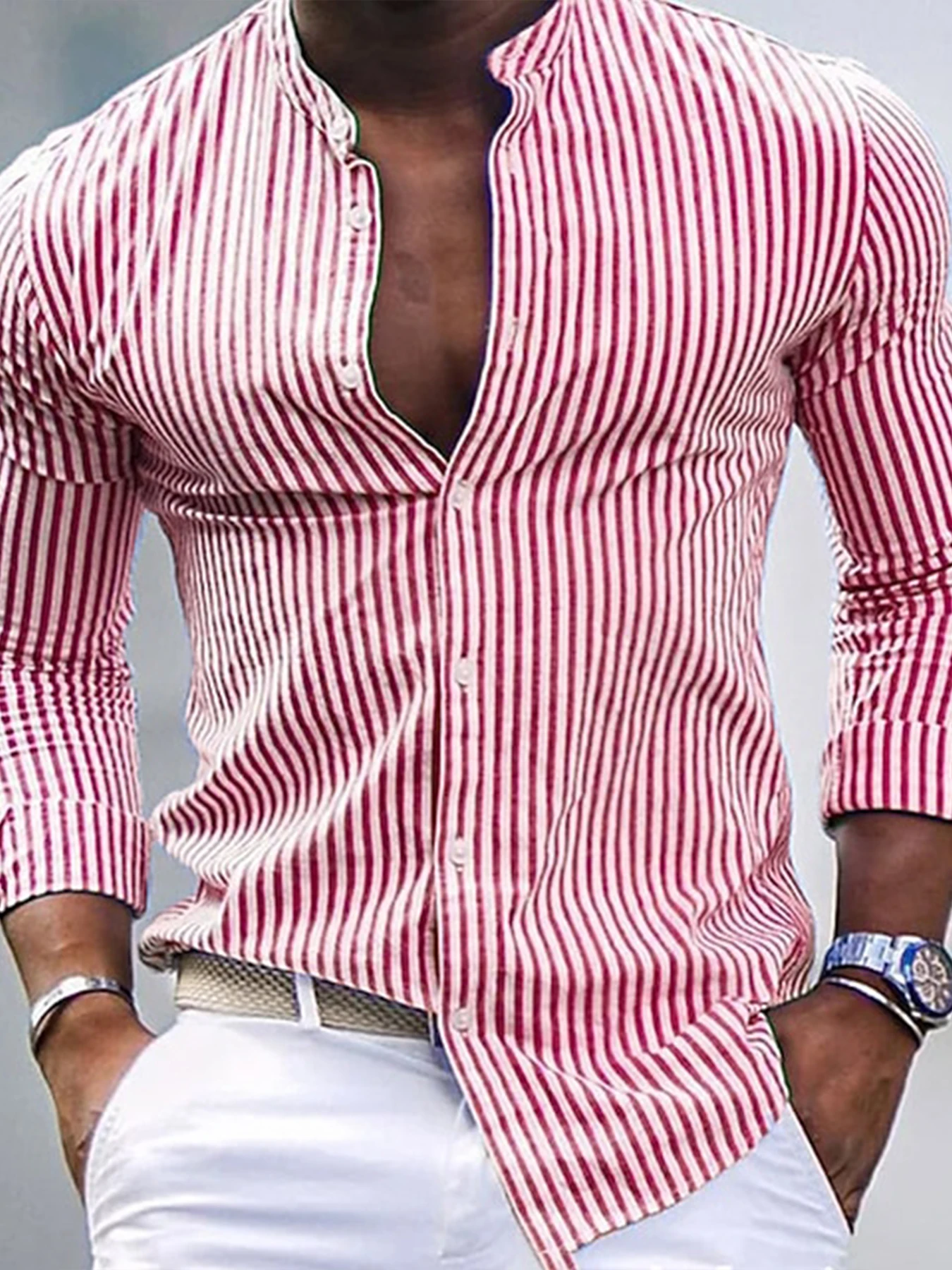 

Mens Stand Collar Striped Long Sleeve Shirt Casual Slim Fit Breathable Business Button Down Top