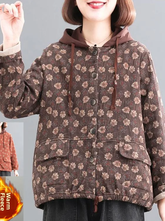Retro Fleece Lined Hooded Thickened Meat Concealing Women's Jacket Autumn Winter Korean Style Brand Ladies Short Outerwear