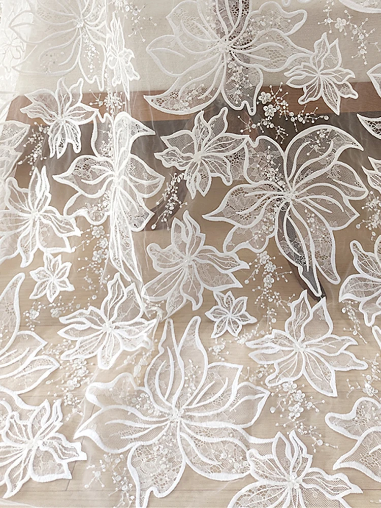 Beaded Sequin Soft Tulle Lace Fabric by Meter Floral Flower Embroidery Couture For Baby Tutu Wedding Dress Veil Costume