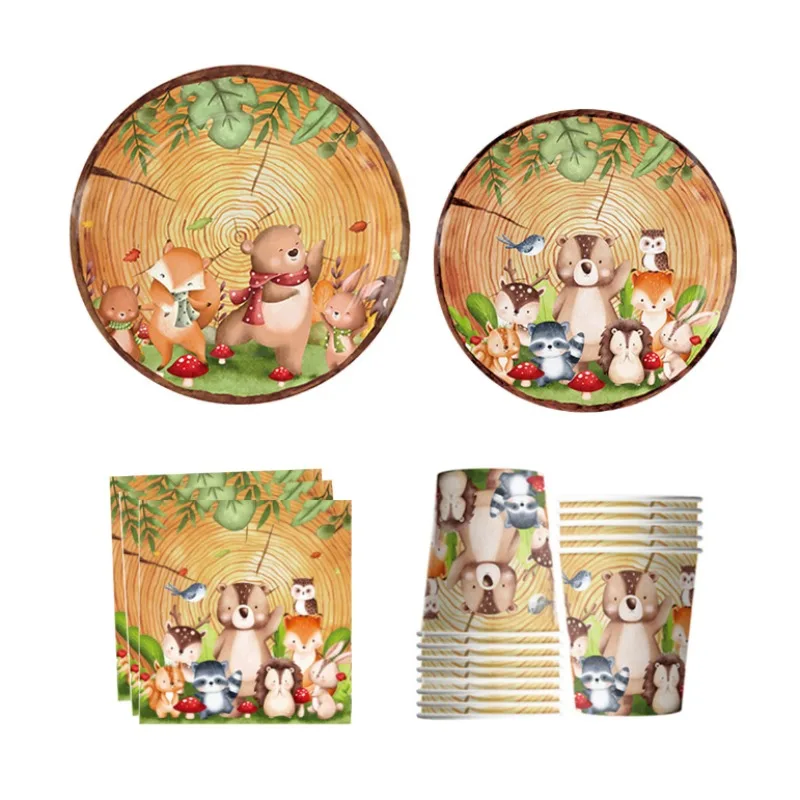 

10Guests Wood Grain Animals Disposable Tableware Jungle Safari Bear Fox Wood Growth Rings Paper Plates Kids Happy Birthday Party