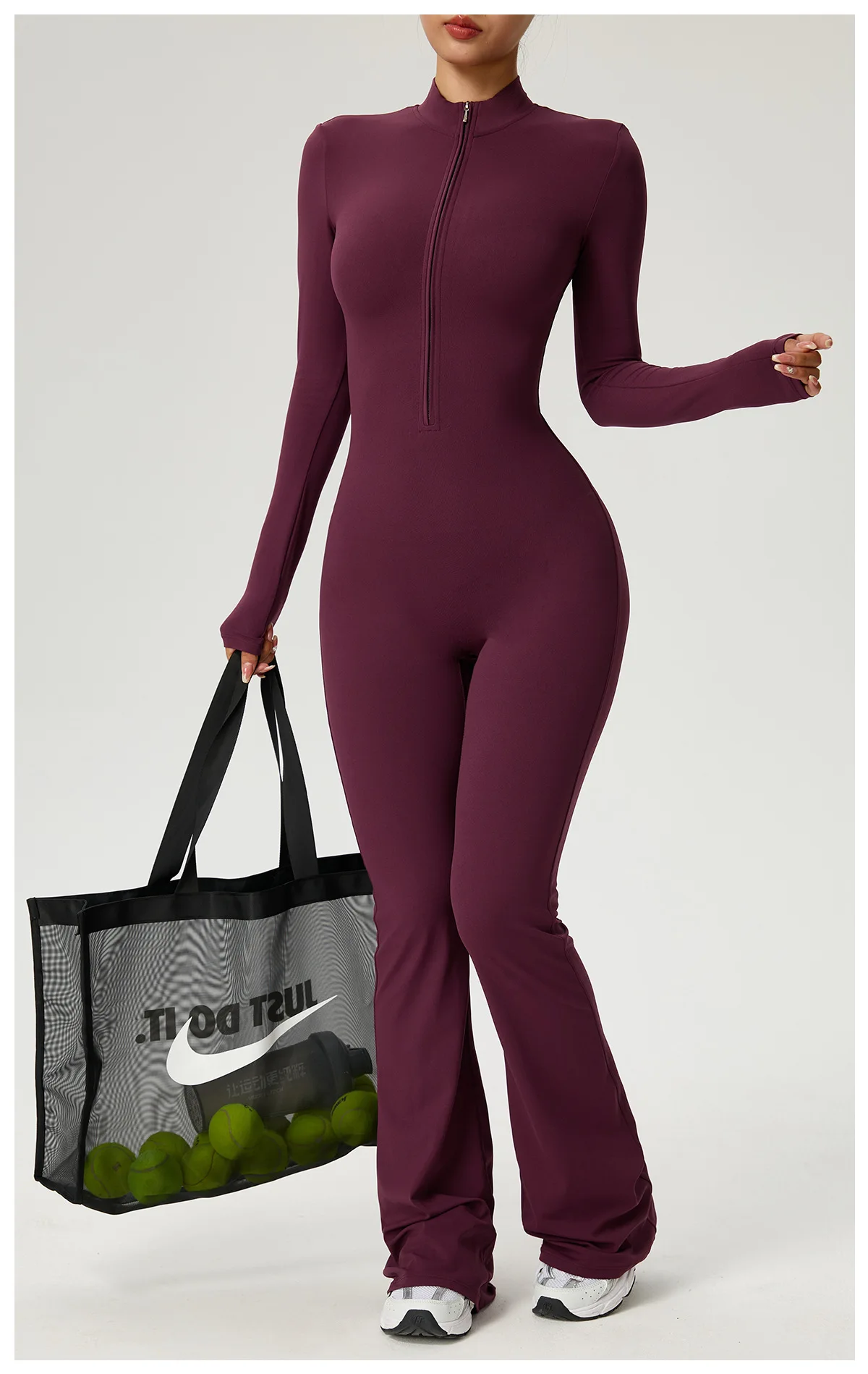 Neuer Reißverschluss-Jumpsuit mit Schlaghose Damenkleidung Sportbekleidung Gym Yoga Sportsets Spandex Nylon Trainingssets Damen Trainingsanzug – Detail 9