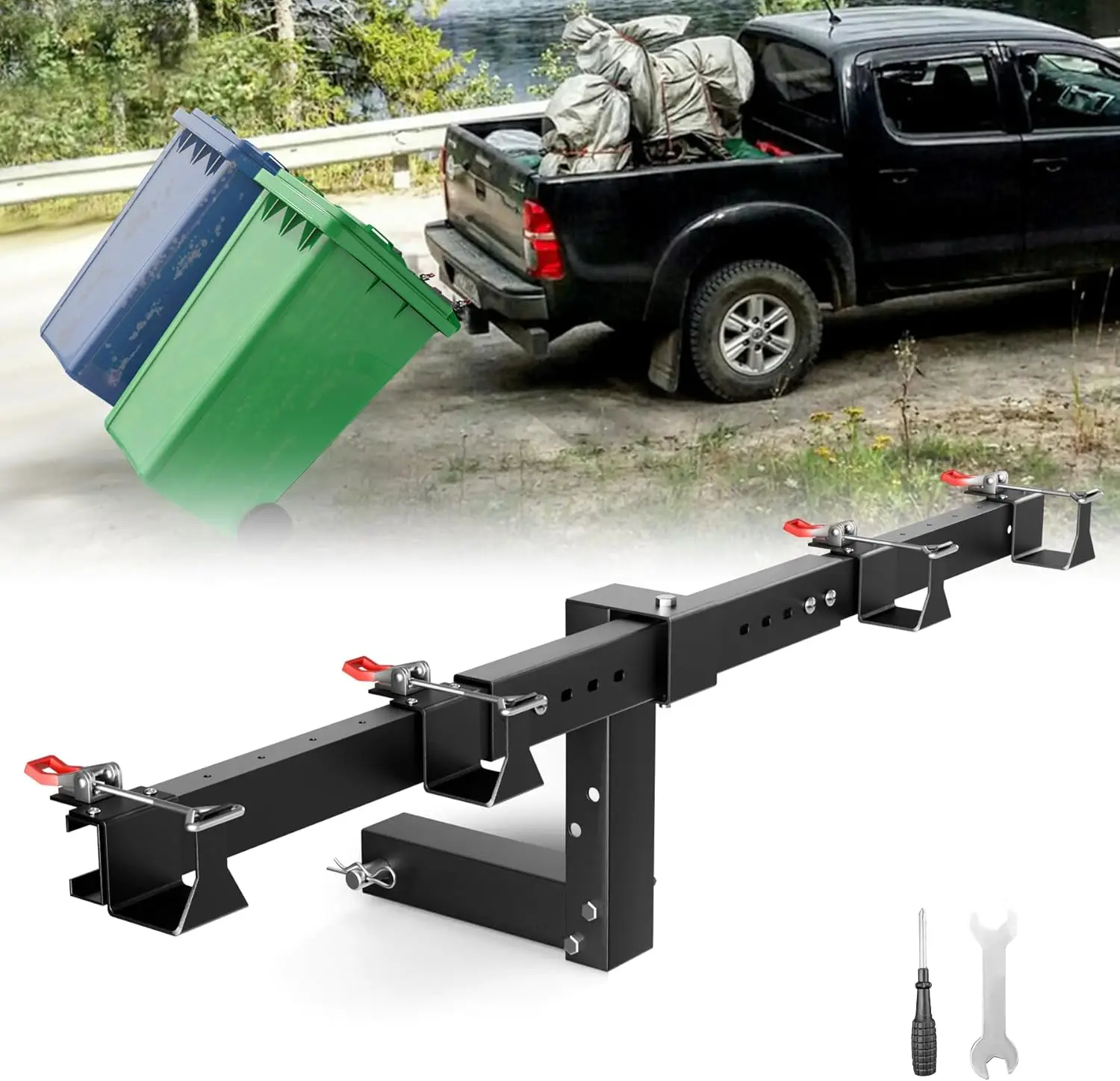 

Dual Trash Can Hauler Hitch, Heavy-Duty Steel, Adjustable, Locking, Fits 2' Receiver, for Trucks, ATVs, SUVs, Lawn Tractors