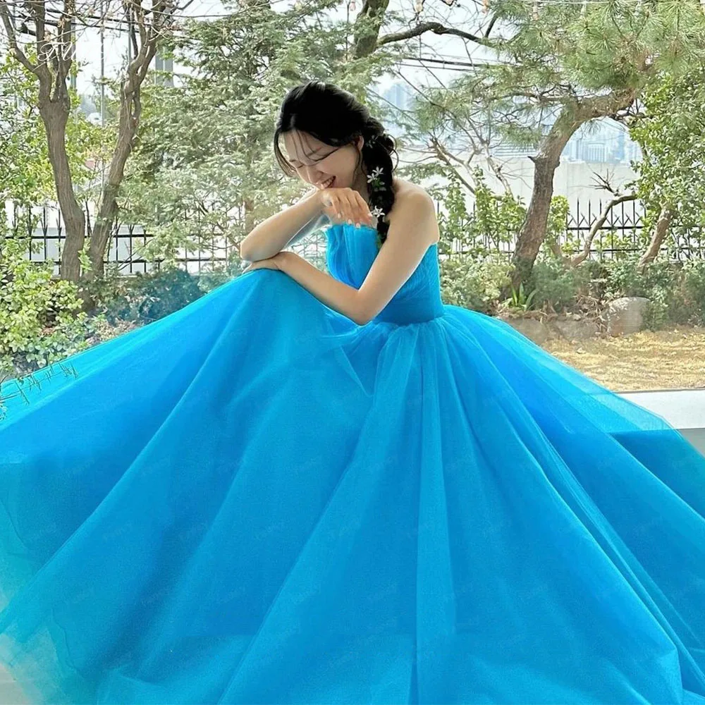 

TULX Princesses Blue Strapless Wedding Dress Korea Photo Shoot A Line Soft Tulle Sleeveless Bridal Gown Floor Length Back Corset