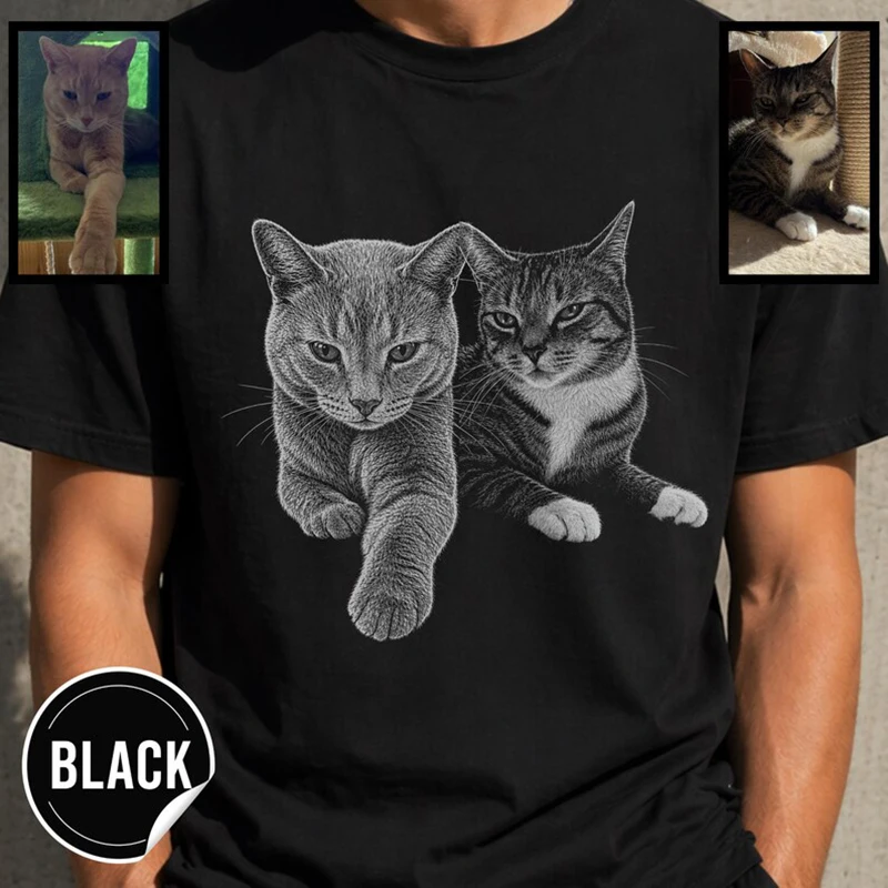 Custom Cat Portrait T Shirt Personalized Pet Memorial Design Short Sleeve Loose Comfort Daily Wear