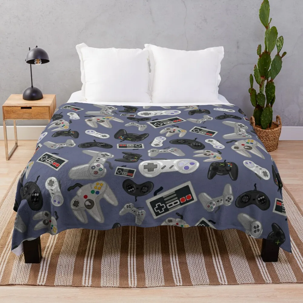 

Old School Video Game Controllers - Repeating Pattern Throw Blanket Beach Flannel Designers Nap Blankets