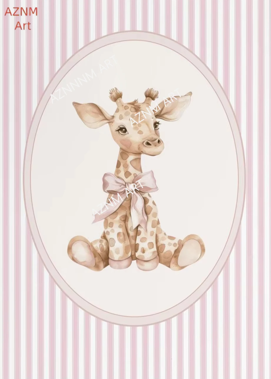 Pink Bow Bunny Bear Duck Giraffe Plane Hot Air Balloon Poster Canvas Painting Print Wall Nursery for Girl Kids Room Home Decor