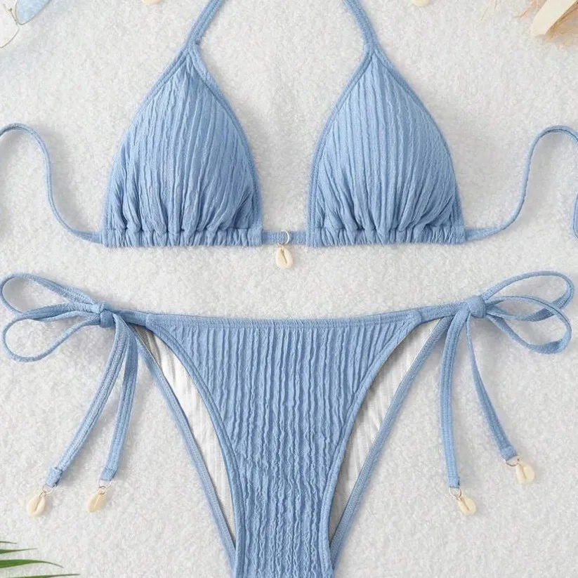 

2025 new model, European and American neck solid color sexy split strap backless swimsuit bikini bikini