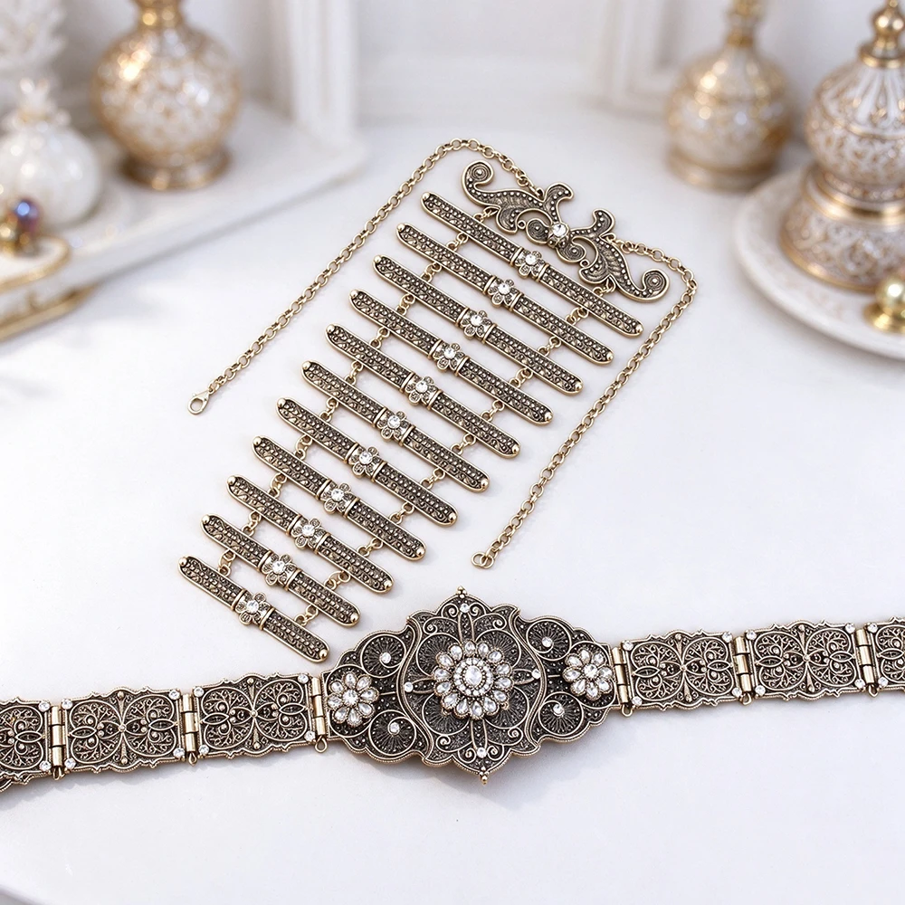 Poyasa Vintage Caucasus Women Belt Breastplate Ingush Bridal Jewelry Sets Old Gold Color Turkestan Necklace Dance Accessories