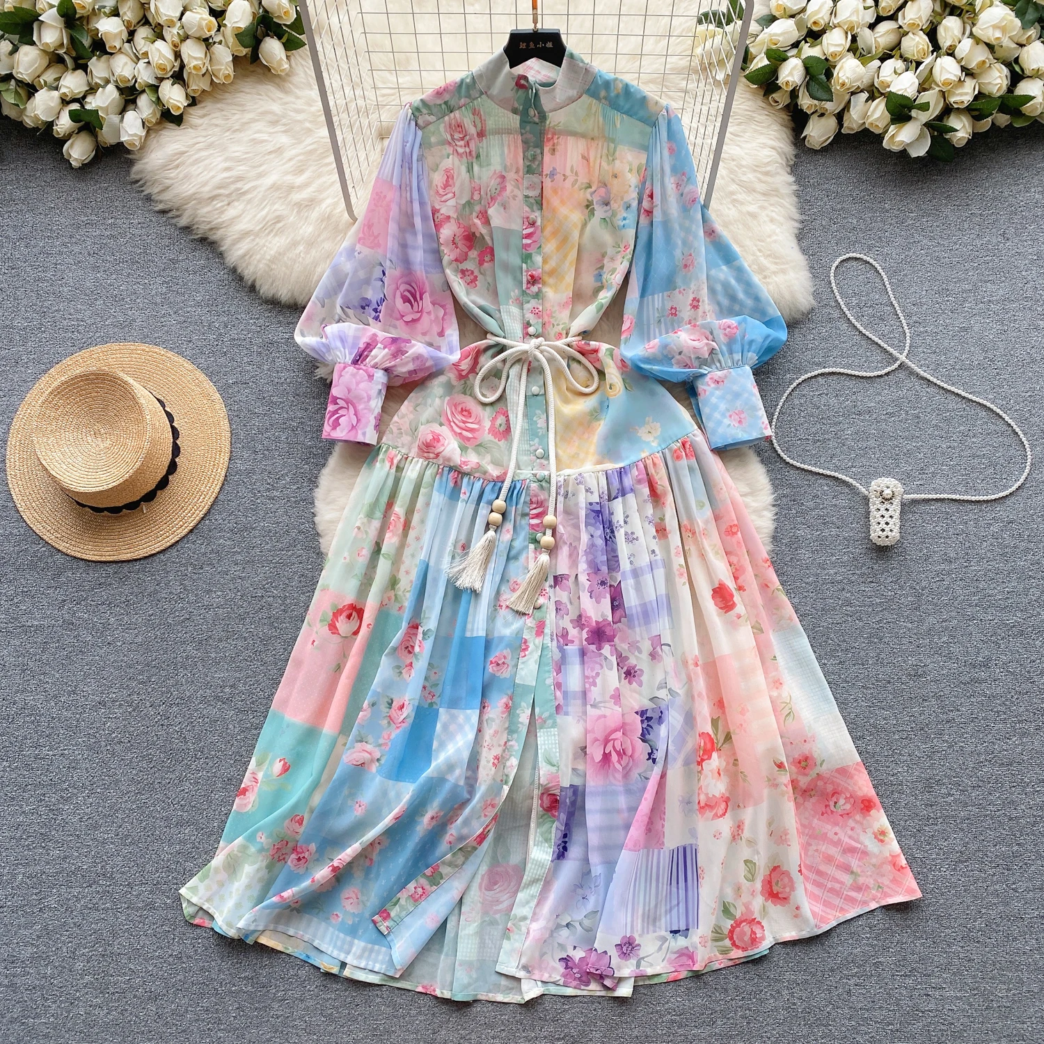 

Vintage Print Elegant Lantern Long Sleeve A-line lapelSingle Breasted Dress Casual Women Fashion Autumn Spring Dress