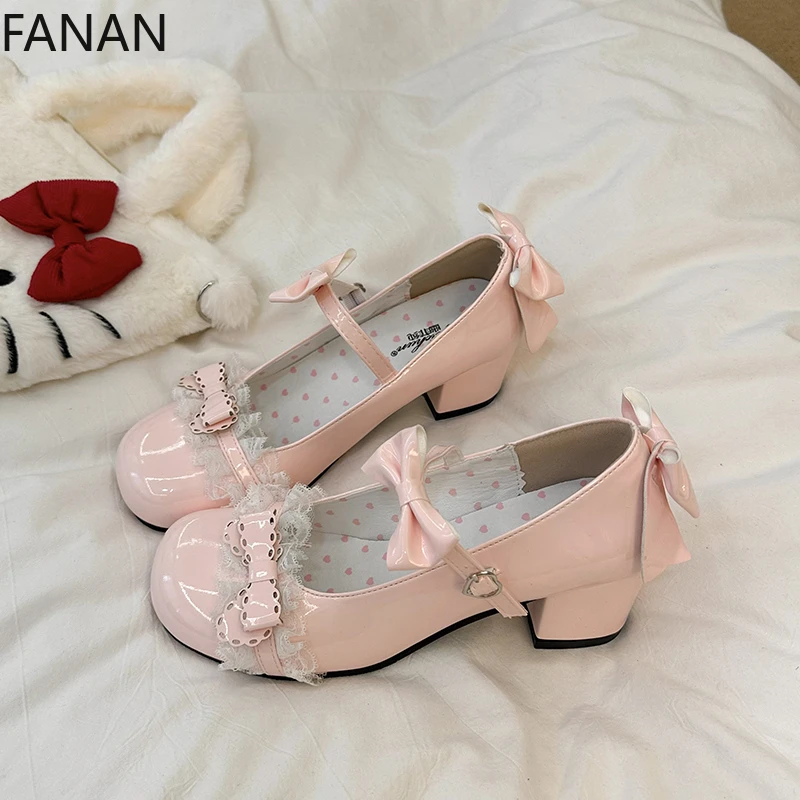 2025 New Large Size Lolita Women's Shoes Sweet Lace Bow Mary Jane Low Heels Fashion Platform Flats Pink Sandals