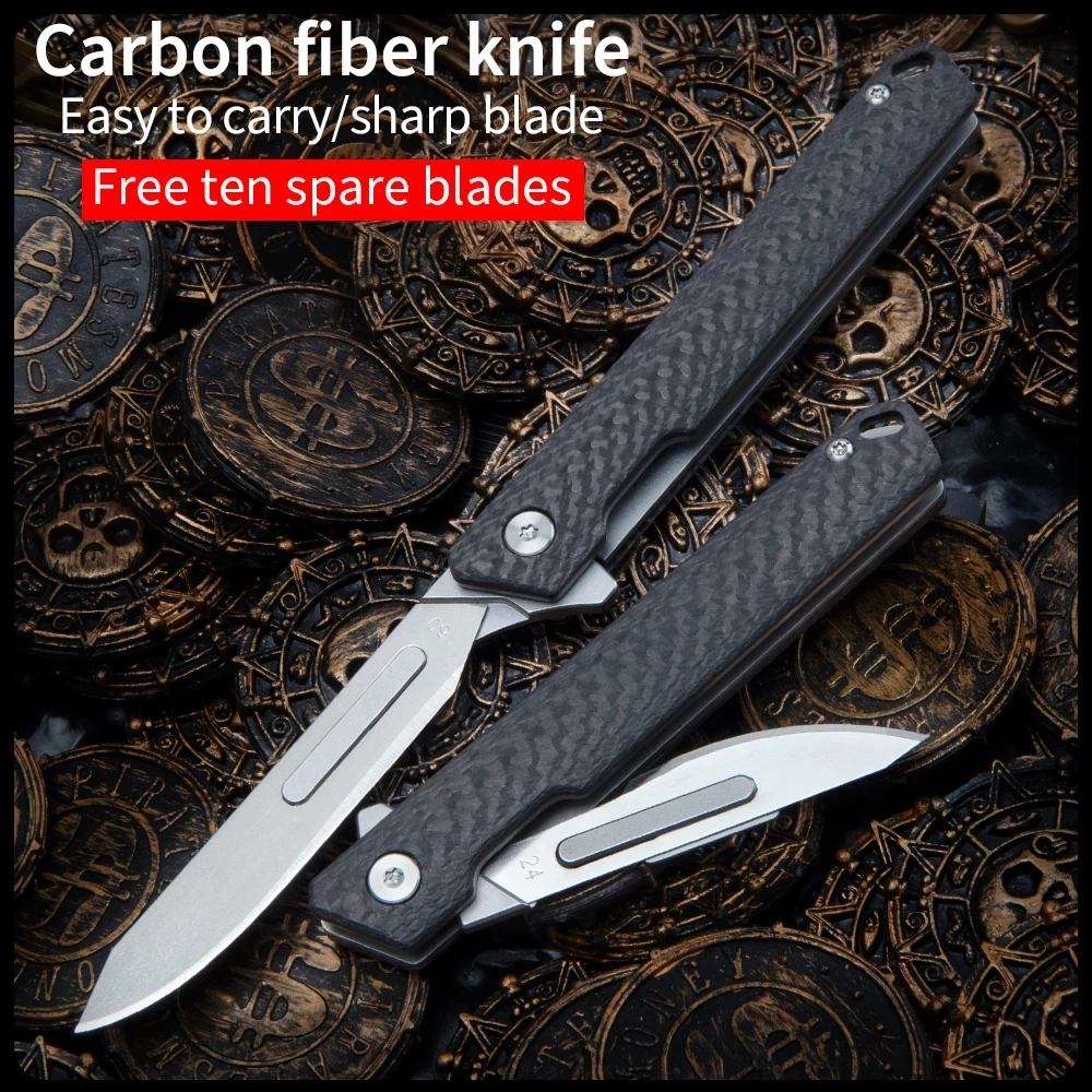 Carbon Fiber Scalpel Folding Knife Outdoor Tactical Survival Hunting Camp EDC Portable Self-defense Knife Free 10 Blades #60#24