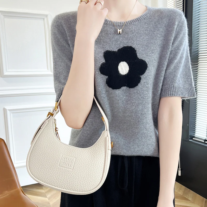 Модный женский свитер из 100% мериносовой шерсти с круглым вырезом, модный вязаный свитер с цветочным принтом, пуловер с короткими рукавами, кашемировый мягкий удобный топ одежды