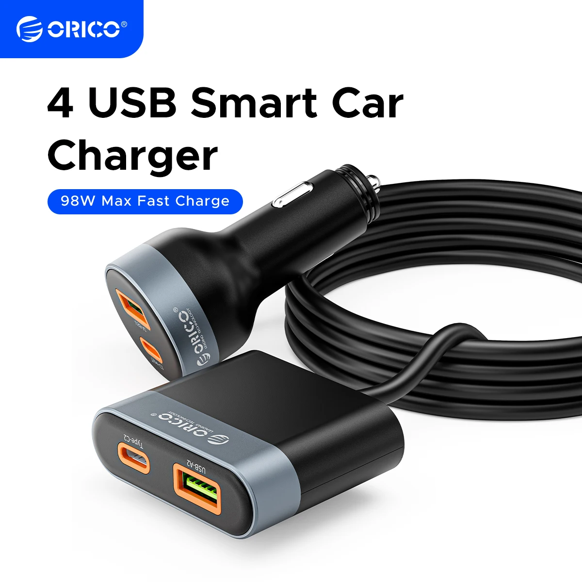 ORICO 98W Car Charger 2 USB-A and 2 Type-C Clip Design for Front and Rear Seat Family Travel for Huawei Apple Samsung PD QC 3.0