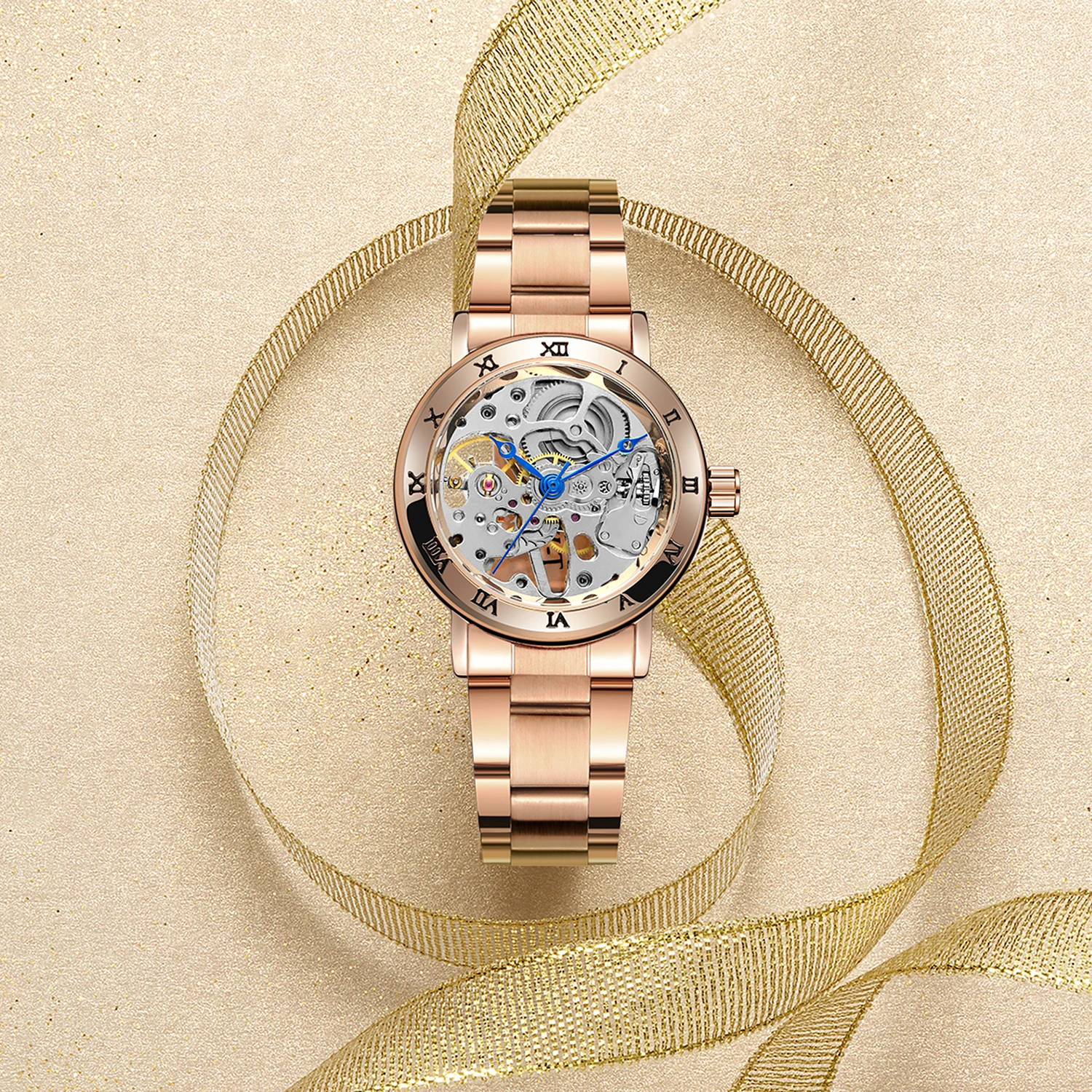 T-WINNER marca de luxo relógios femininos esqueleto relógios mecânicos numerais romanos moldura aço inoxidável moda senhoras relógio