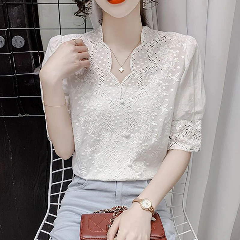 Women White Hollow Lace Embroidery Asymmetrical Blouses Summer Fashion V Neck Short Sleeve Sweet Shirts Casual Chic Tops Female