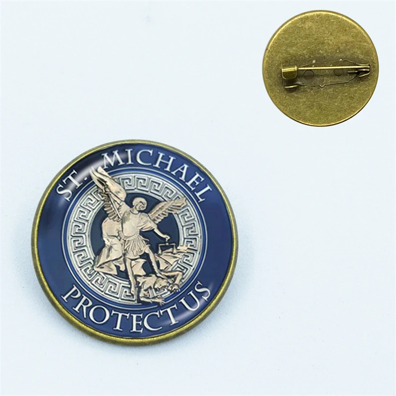 1pcs 25mm Glass Cabochon Brooch Archangel St.Michael Protect Me Saint Shield Protection Charm Russian Orhodox Collar Pin Gift