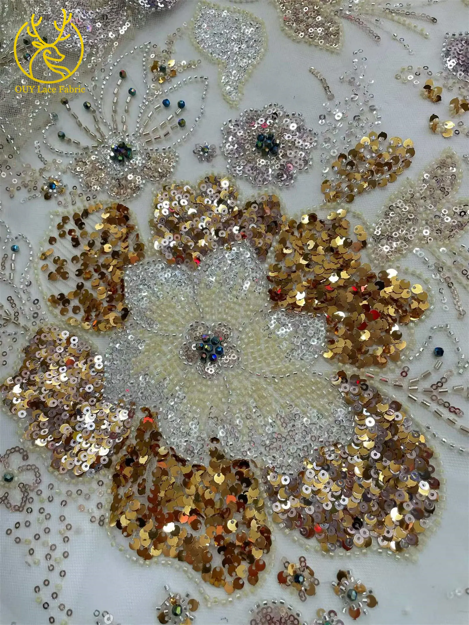 Afrikanischer Brautkleid-Stoff mit Stickerei und Perlen, hochwertiger nigerianischer französischer Pailletten-Tüll-Mesh-Spitzenstoff für Brautkleider – Detail 8