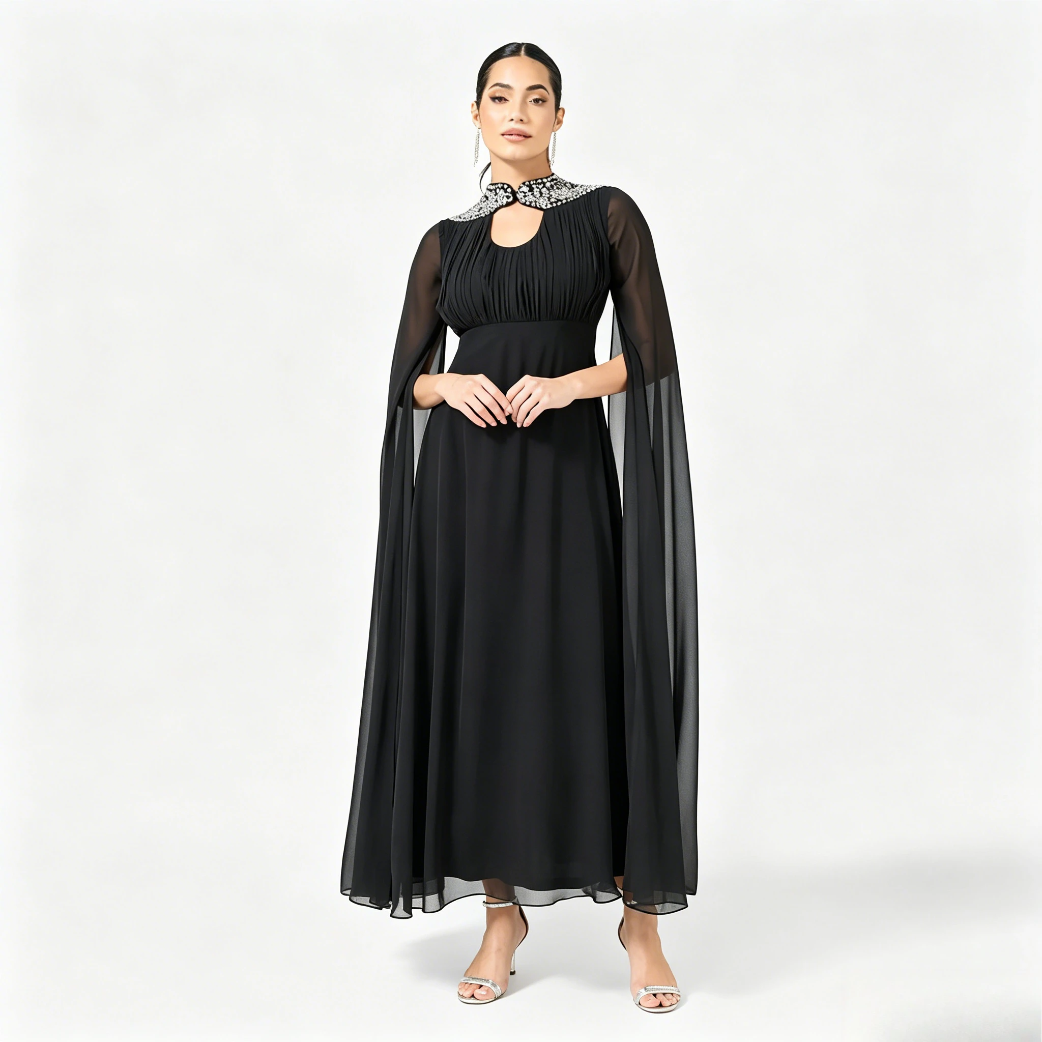 Modest Evening Dress Keyhole Neckline All-Over Crystal Rhinestone Embellished Collar Attached Sheer Chiffon Cape Sleeves