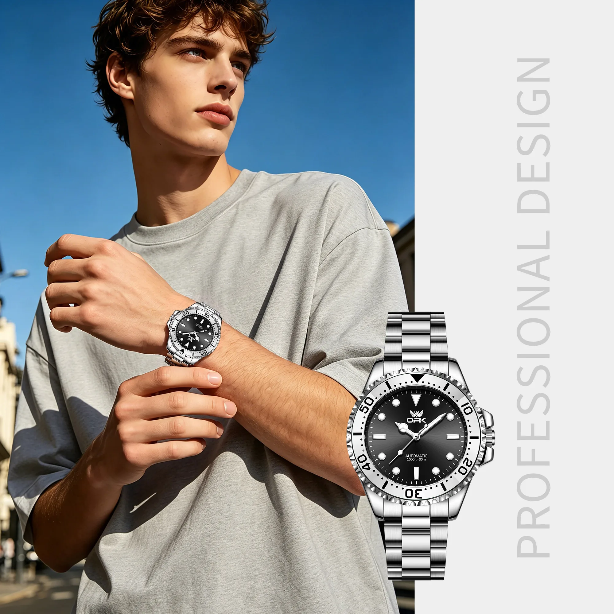 OPK 6104 Mechanical Movement Watch Men Diving Fashion Metal Scale Bezel Design HD Night Light 30M Waterproof Steel Strip Watch
