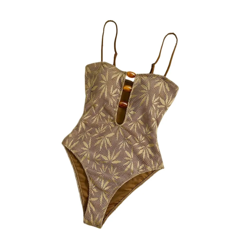 Coffee Leaves Print One Piece Swimsuit Hollow Out Beaded String Bohemian Swimwear Strapless Mesh Women Bathing Suit