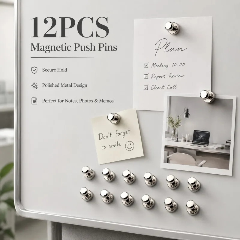 12PCS Silver Metal Magnetic Thumbtacks, Mini Fridge Magnets for Whiteboard, Locker, Memo Board, Photos, Reminders and Schedules
